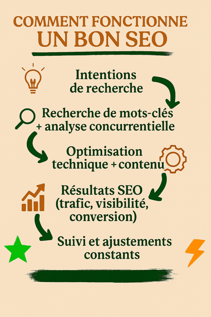 Schéma illustrant le fonctionnement des services SEO offerts par Ly Rédaction, de l’intention de recherche au suivi des résultats.