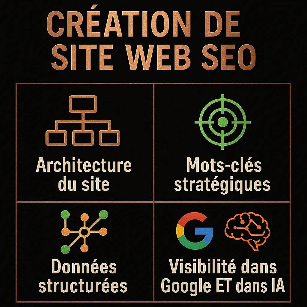 Création de site web SEO par Ly Rédaction : architecture optimisée, mots-clés stratégiques, données structurées et visibilité dans Google et les intelligences artificielles.