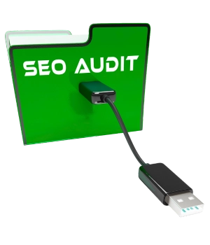 Un fichier vert écrit SEO audit dessus avec une clé USB branchée sur le fichier, représentant le service d'audit SEO.